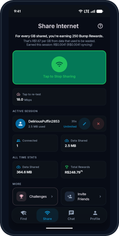 Bump sharing hotspot screen